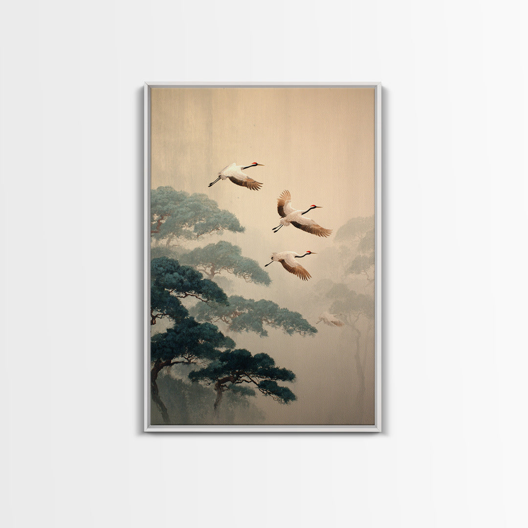 Red Crowned Cranes Flying Through Misty Pine Canvas Print, Asian Inspired Art, Bedroom Wall Decor, Living Room Decor, Harmony, ASI-2x3-57