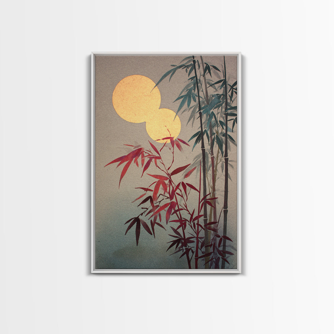 Golden Moon Behind Bamboo Silhouettes Framed Canvas Print, Asian Inspired Art, Japandi Wall Art, Living Room Decor, Harmony, ASI-2x3-85