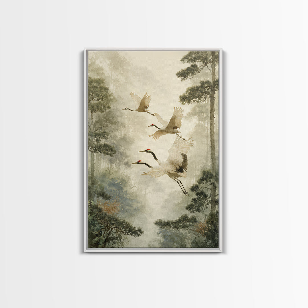 Red Crowned Cranes Flying Through Misty Pine Canvas Print, Asian Inspired Art, Poster, Living Room Decor, Fine Art, Harmony, ASI-2x3-9