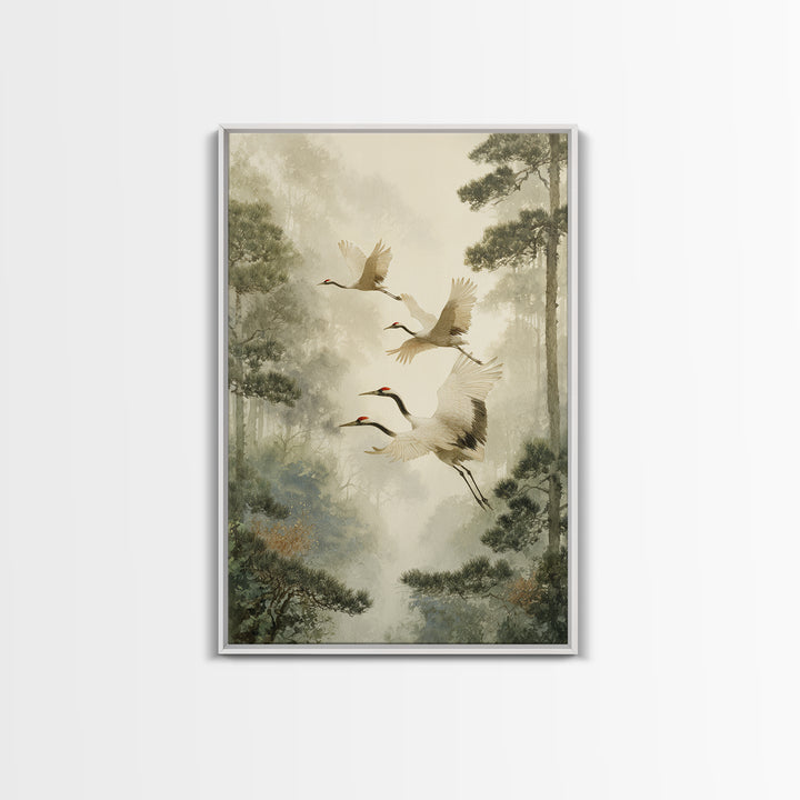 Red Crowned Cranes Flying Through Misty Pine Canvas Print, Asian Inspired Art, Poster, Living Room Decor, Fine Art, Harmony, ASI-2x3-9