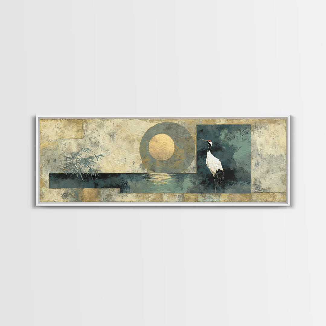 Crane and Moon Composition Canvas Print, Asian Inspired Art, Indian Art, Living Room Decor, Fine Art, Harmony, Neutral Decor, ASI-3x1-16