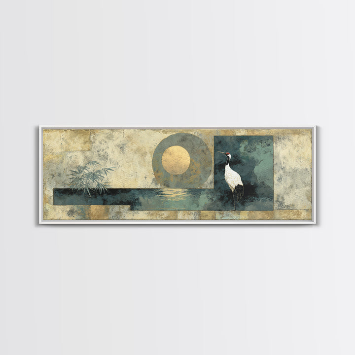 Crane and Moon Composition Canvas Print, Asian Inspired Art, Indian Art, Living Room Decor, Fine Art, Harmony, Neutral Decor, ASI-3x1-16