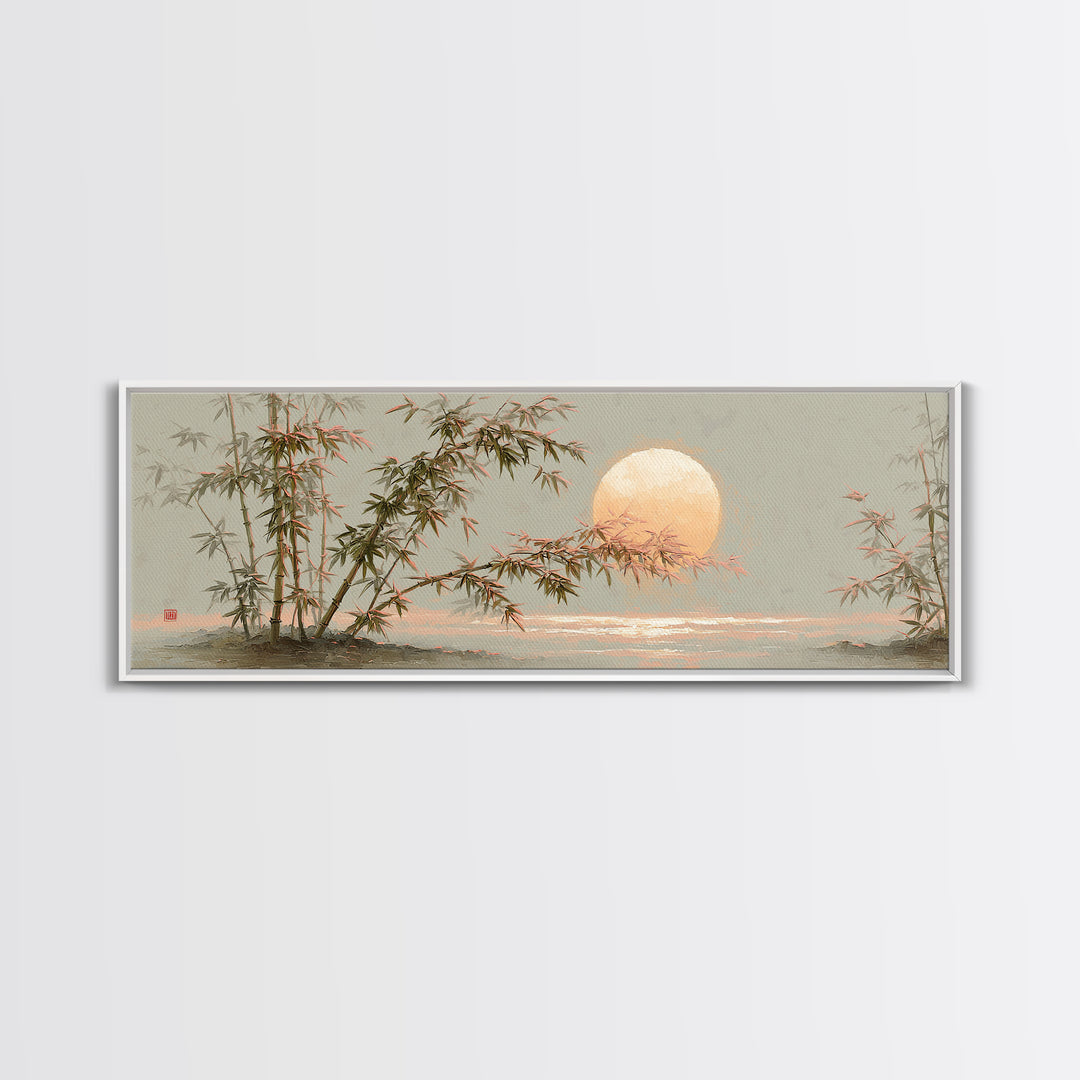 Golden Moon Behind Bamboo Silhouettes Canvas Print, Asian Inspired Art, Dark Academia Art, Living Room Decor, Fine Art, Harmony, ASI-3x1-21