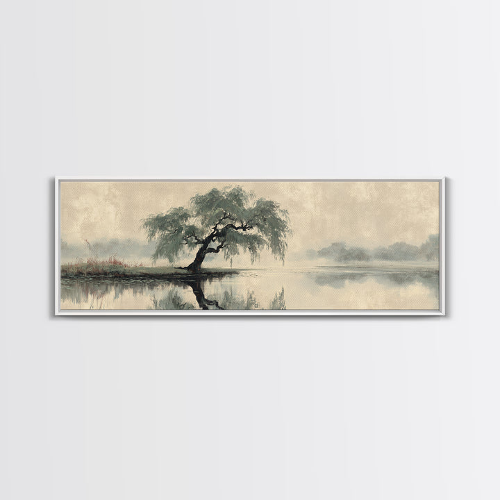 Willow Tree over a Reflective Pond Canvas Print, Asian Inspired Art, Art Nouveau, Living Room Decor, Abstract Art, Harmony, ASI-3x1-34