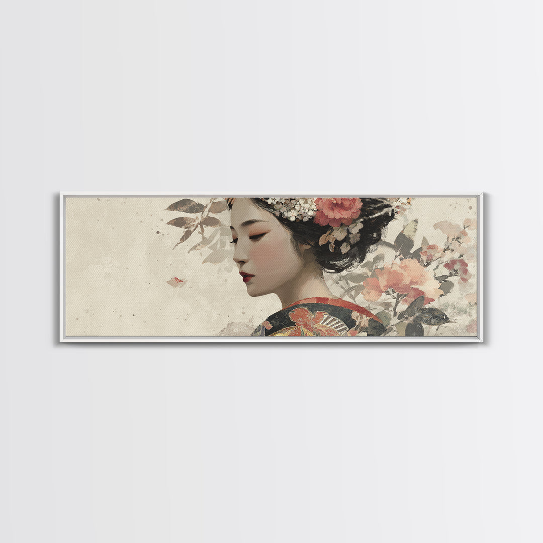 Elegant Geisha Portrait Canvas Print, Asian Inspired Art, Farmhouse Wall Art, Living Room Decor, Harmony, Spiritual Wall Art, ASI-3x1-46
