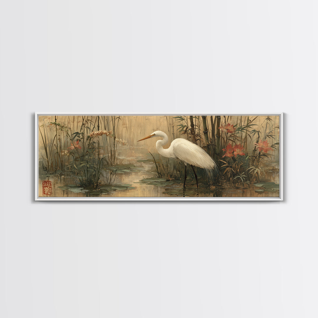 White Heron Standing Canvas Print, Asian Inspired Art, Indian Art, Living Room Decor, Abstract Art, Harmony, Neutral Decor, ASI-3x1-49
