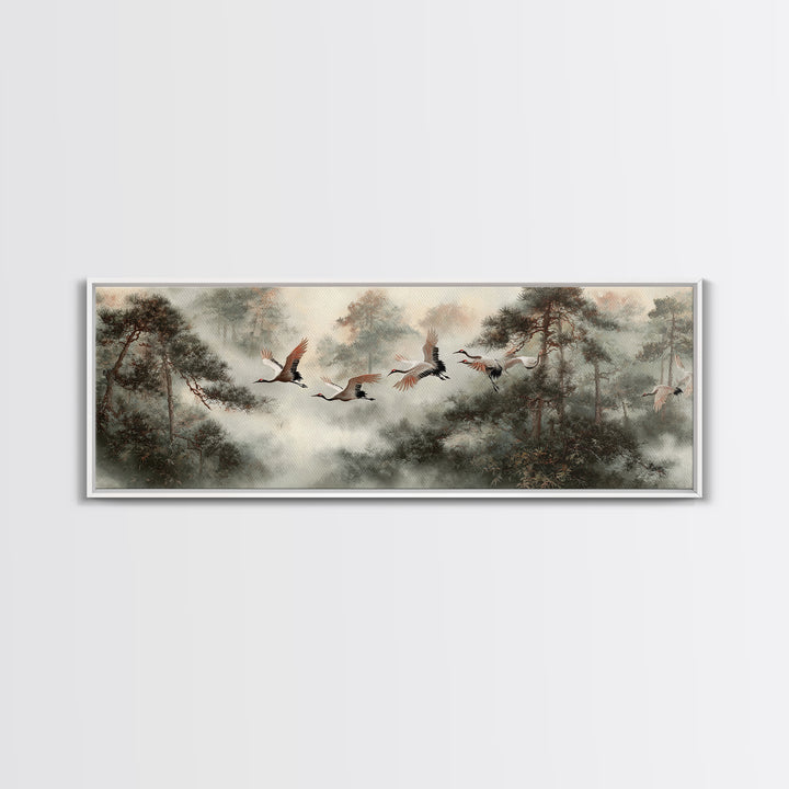 Red Crowned Cranes Flying Through Misty Pine Canvas Print, Asian Inspired Art, Aesthetic Wall Art, Living Room Decor, Harmony, ASI-3x1-65