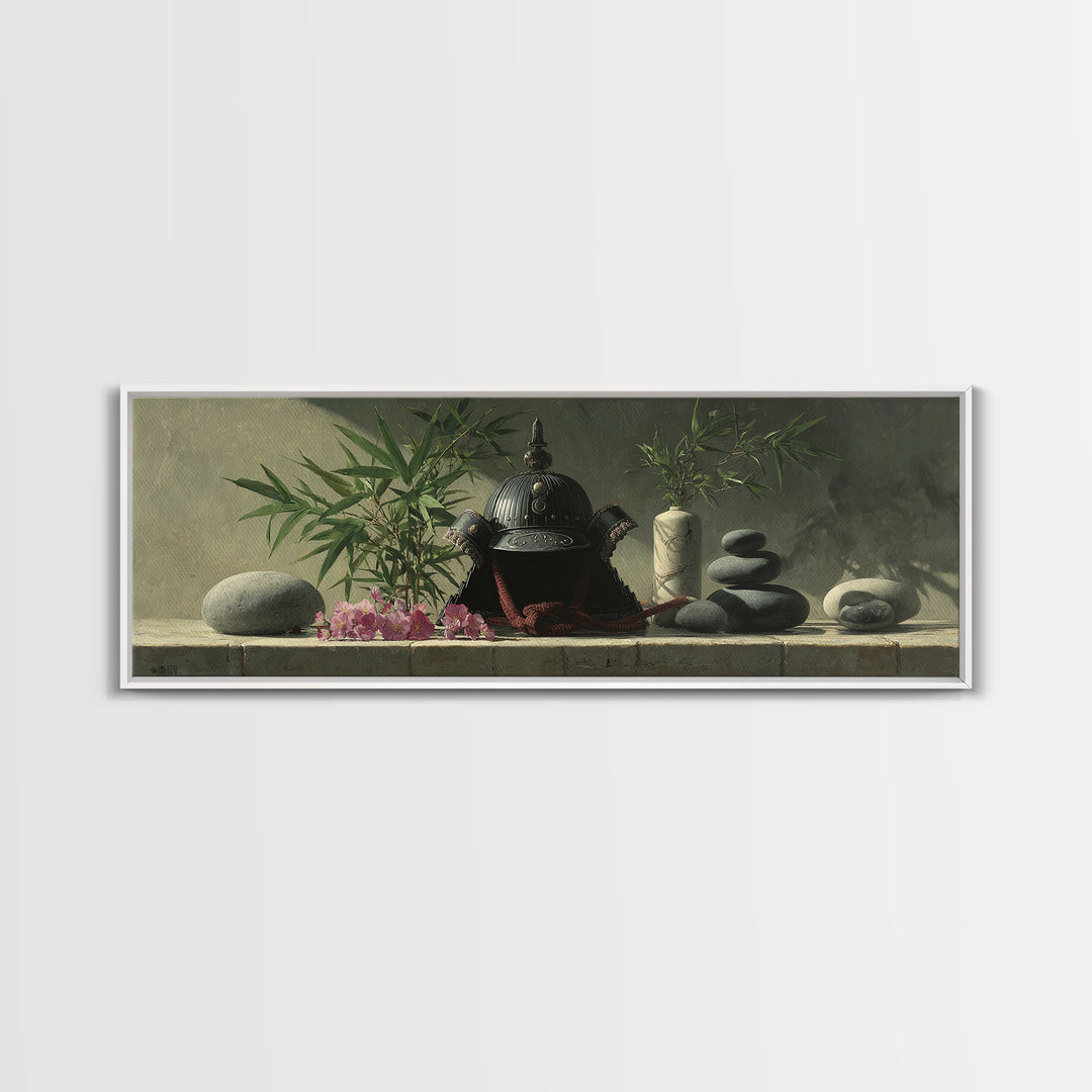 Samurai Helmet Still Life Canvas Print, Asian Inspired Art, Living Room Decor, Fine Art, Harmony, Floral Art, Botanical Print, ASI-3x1-71