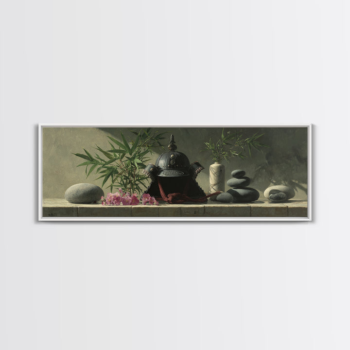 Samurai Helmet Still Life Canvas Print, Asian Inspired Art, Living Room Decor, Fine Art, Harmony, Floral Art, Botanical Print, ASI-3x1-71