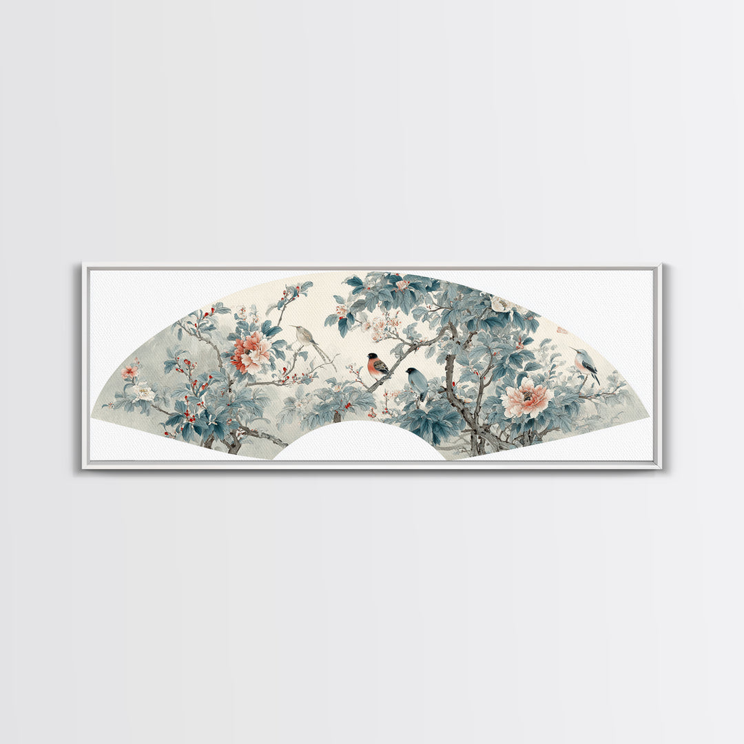 Fan Shaped Composition of Blossoms and Birds Canvas Print, Asian Inspired Art, Floral Art, Living Room Decor, Harmony, ASI-3x1-81