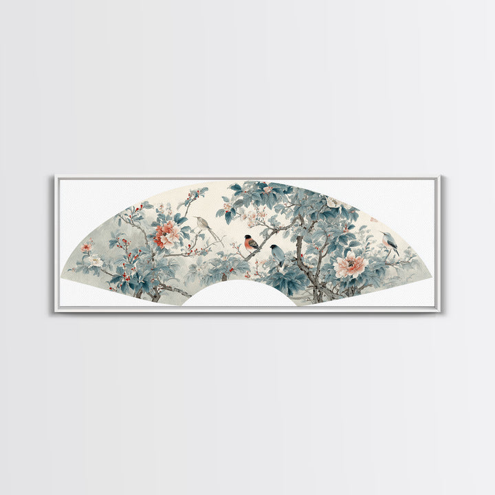 Fan Shaped Composition of Blossoms and Birds Canvas Print, Asian Inspired Art, Floral Art, Living Room Decor, Harmony, ASI-3x1-81