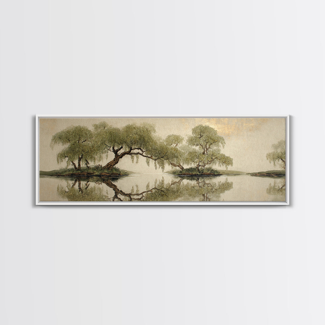 Willow Tree over a Reflective Pond Framed Canvas Print, Asian Inspired Art, Bird Art, Living Room Decor, Fine Art, Harmony, ASI-3x1-82