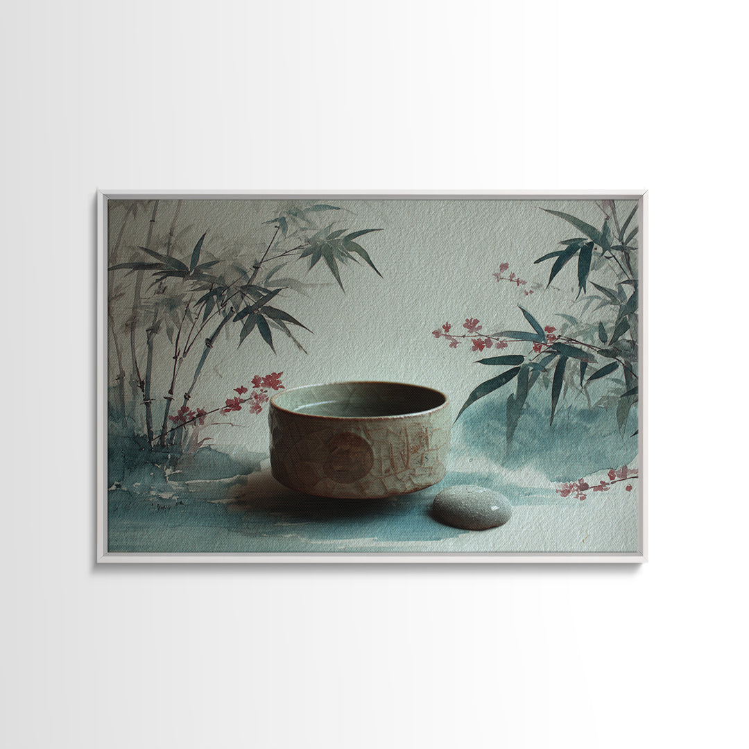 Tea Bowl and Steam Still Life on Framed Canvas Print, Asian Inspired Art, Aesthetic Wall Art, Living Room Decor, Harmony, ASI-3x2-19