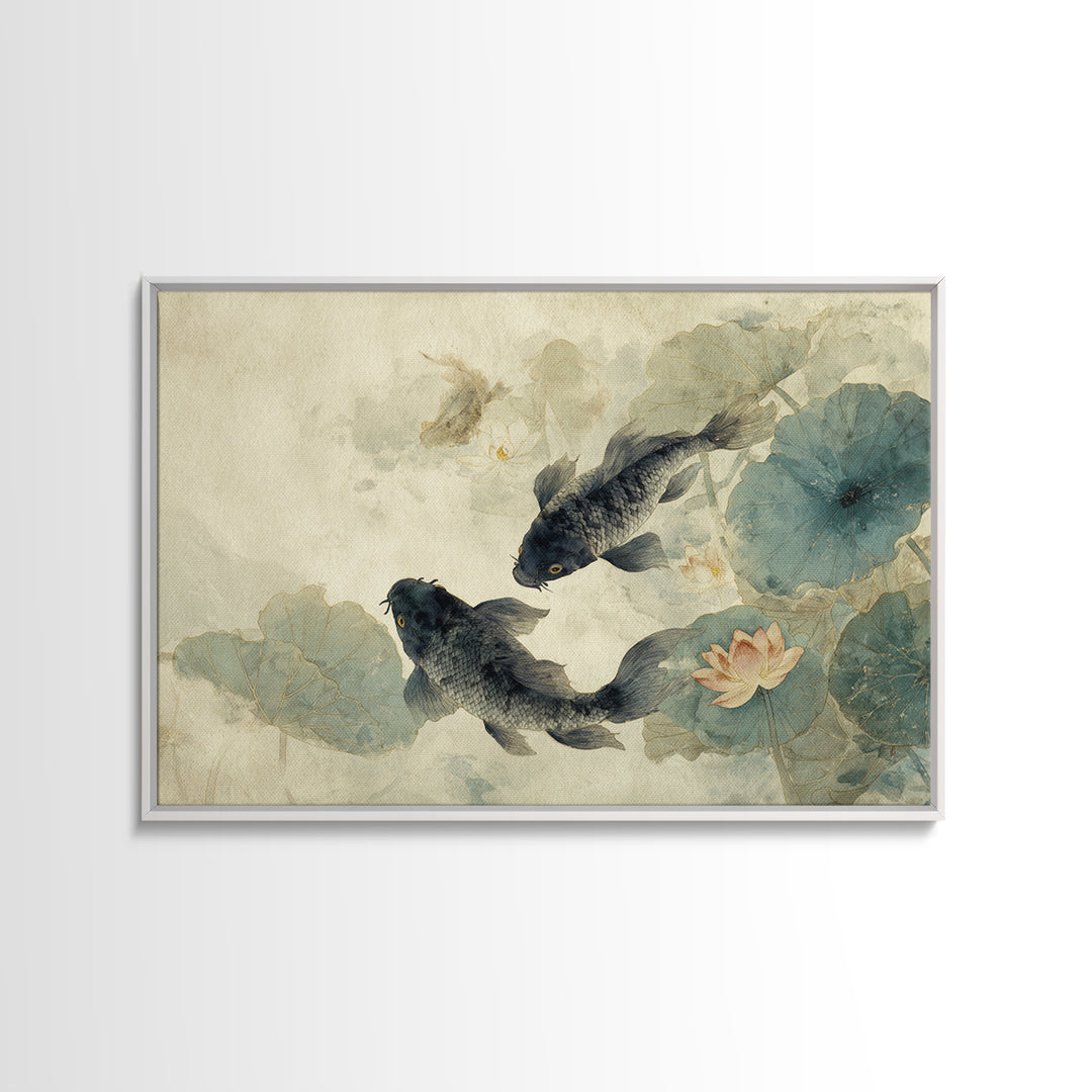 Koi Fish Circling Beneath Floating Lotus Blossoms Canvas Print, Asian Inspired Art, Digital Download Art, Living Room Decor, ASI-3x2-30