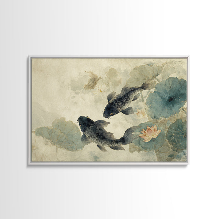 Koi Fish Circling Beneath Floating Lotus Blossoms Canvas Print, Asian Inspired Art, Digital Download Art, Living Room Decor, ASI-3x2-30