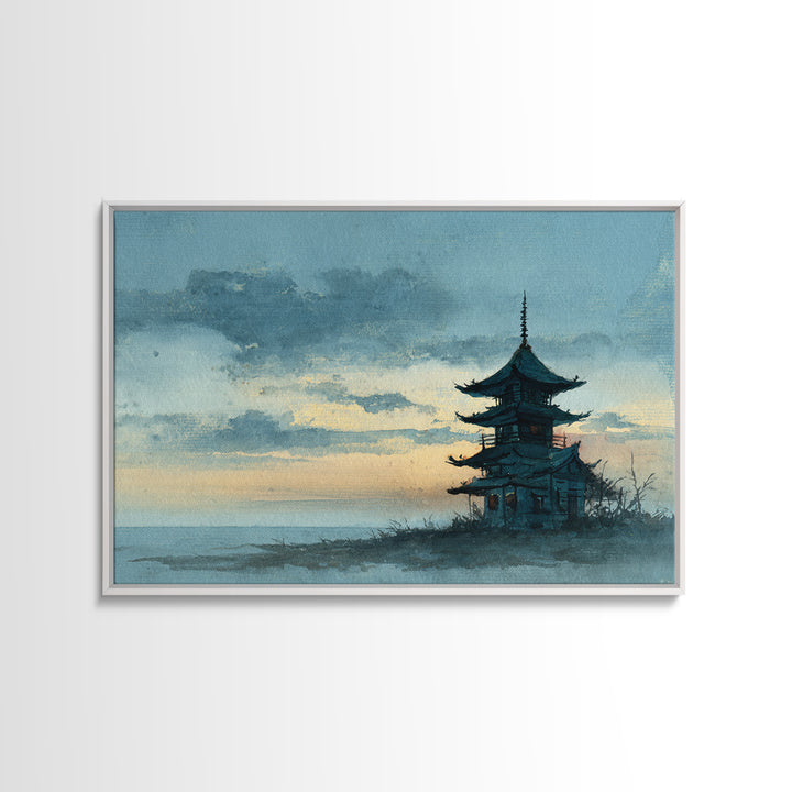 Pagoda Silhouette at Sunset Framed Canvas Print, Asian Inspired Art, Neutral Decor, Living Room Decor, Fine Art, Harmony, ASI-3x2-39