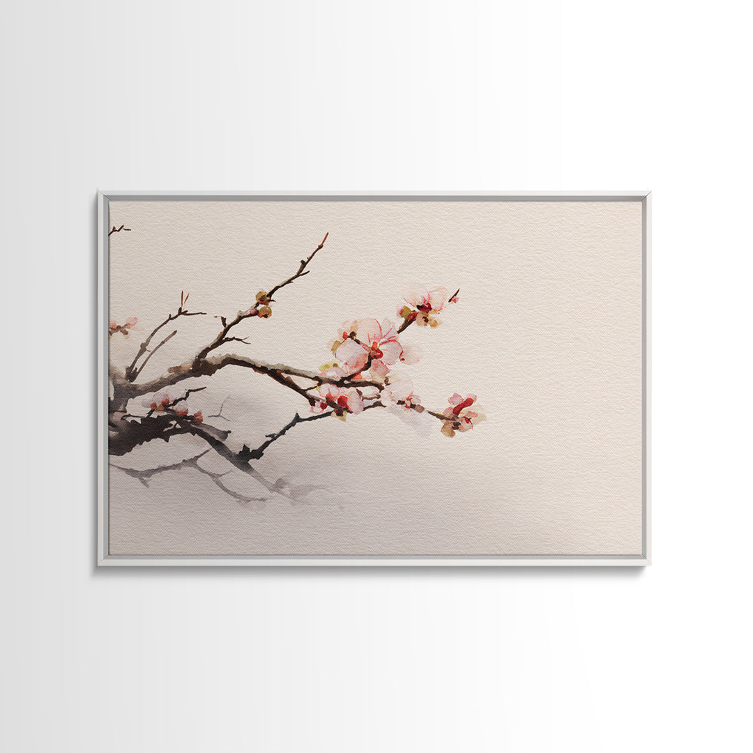 Plum Blossom Branch Painted Framed Canvas Print, Asian Inspired Art, Indian Art, Living Room Decor, Watercolor Art, Harmony, ASI-3x2-40