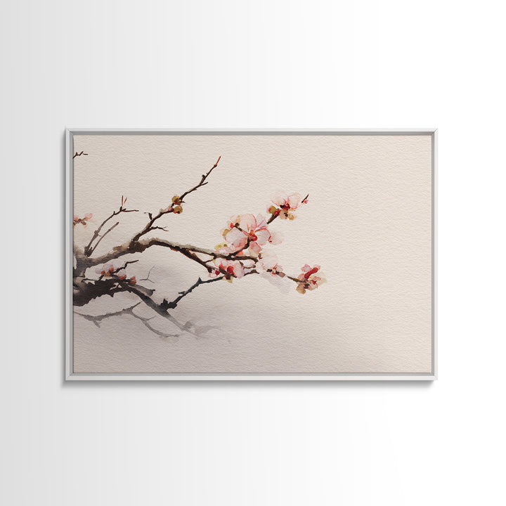 Plum Blossom Branch Painted Framed Canvas Print, Asian Inspired Art, Indian Art, Living Room Decor, Watercolor Art, Harmony, ASI-3x2-40