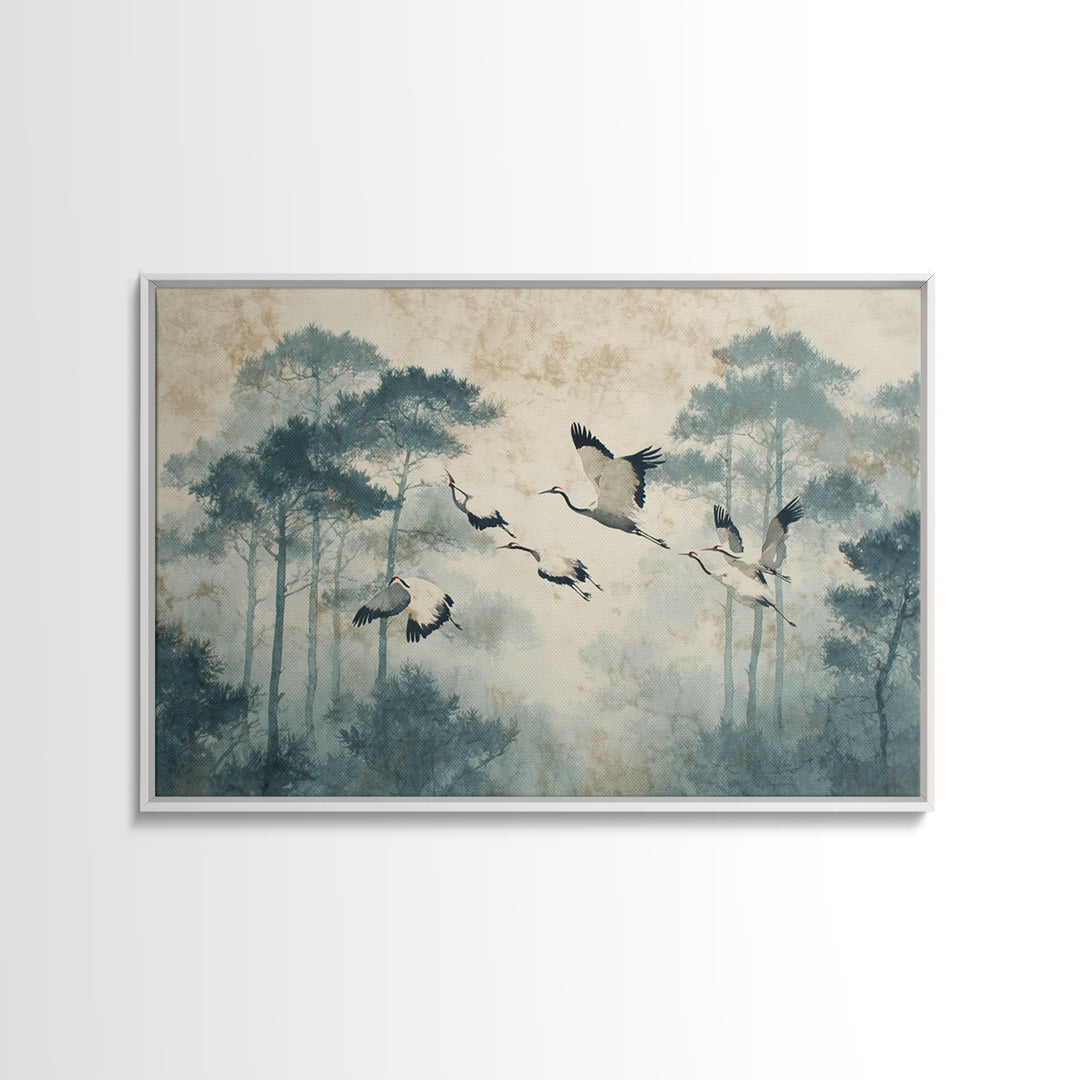 Red Crowned Cranes Flying Through Misty Pine Framed Canvas Print, Asian Inspired Art, Indian Art, Living Room Decor, Harmony, ASI-3x2-5