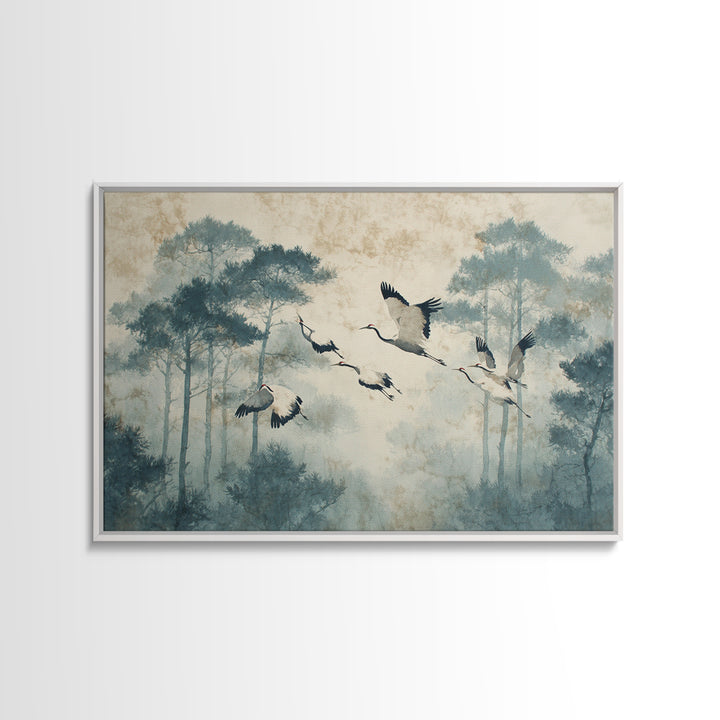 Red Crowned Cranes Flying Through Misty Pine Framed Canvas Print, Asian Inspired Art, Indian Art, Living Room Decor, Harmony, ASI-3x2-5