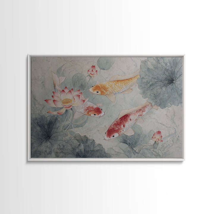 Koi Fish Circling Beneath Floating Lotus Blossoms Canvas Print, Asian Inspired Art, Digital Download Art, Living Room Decor, ASI-3x2-54