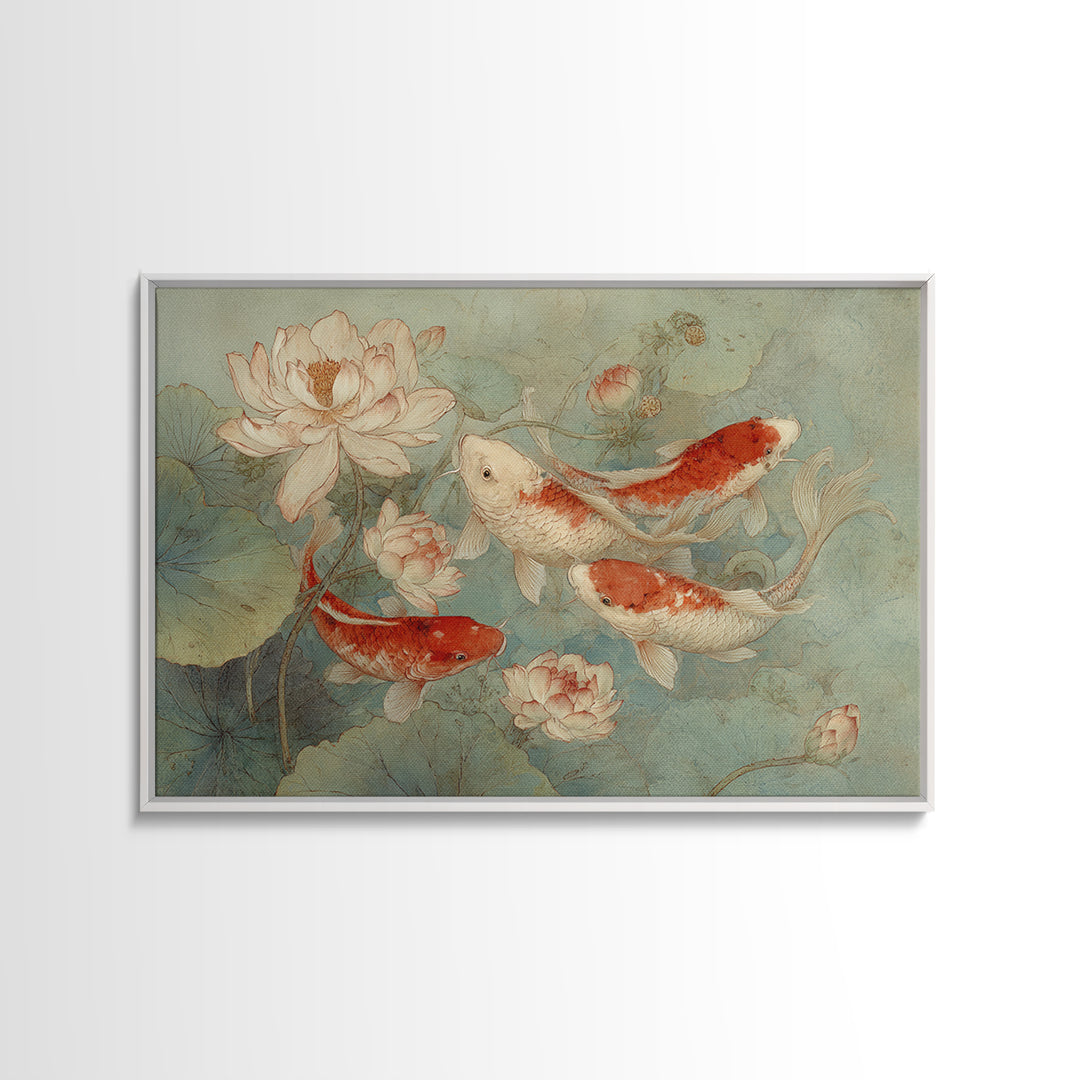 Koi Fish Circling Beneath Floating Lotus Blossoms Canvas Print, Asian Inspired Art, Botanical Print, Living Room Decor, Harmony, ASI-3x2-78