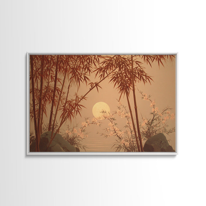 Golden Moon Behind Bamboo Silhouettes Framed Canvas Print, Asian Inspired Art, Zen Wall Art, Living Room Decor, Harmony, ASI-3x2-81