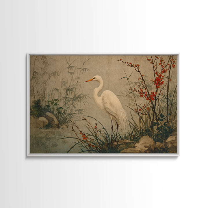 White Heron Standing Framed Canvas Print, Asian Inspired Art, Modern Wall Decor, Living Room Decor, Fine Art, Harmony, ASI-3x2-85