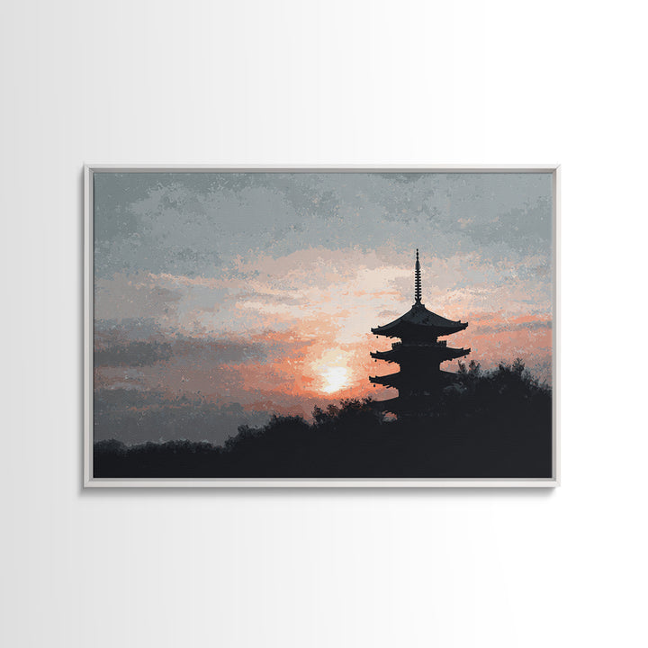 Pagoda Silhouette at Sunset Framed Canvas Print, Asian Inspired Art, Fine Art Print, Living Room Decor, Fine Art, Harmony, ASI-3x2-87