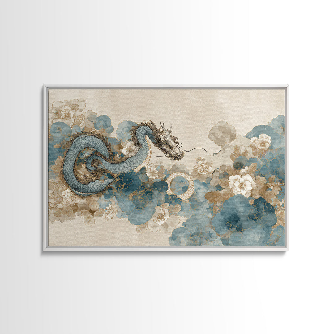 Dragon Curling Through Clouds Canvas Print, Asian Inspired Art, Spiritual Wall Art, Living Room Decor, Oil Painting, Harmony, ASI-3x2-89
