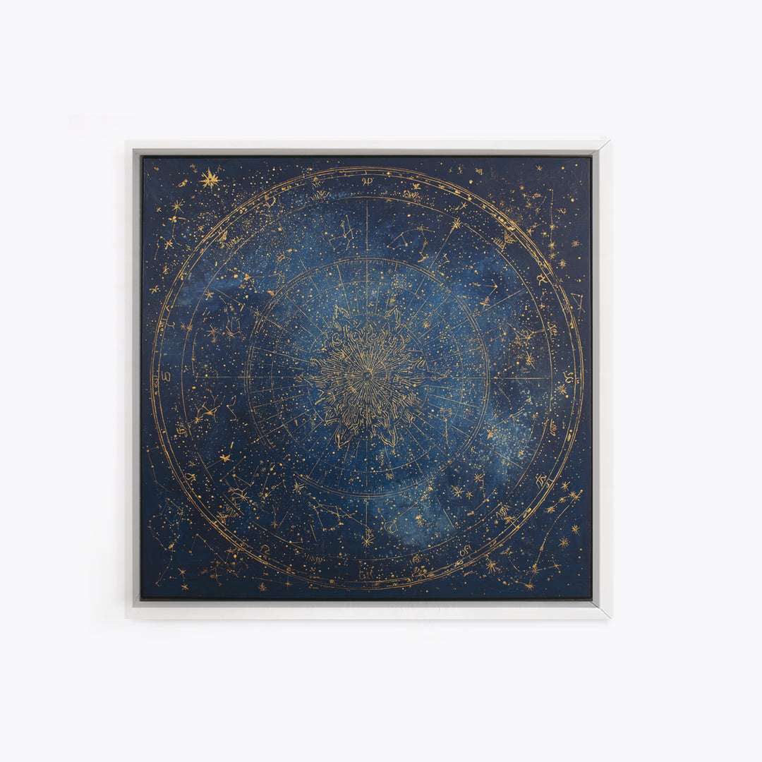 Gold Zodiac Wheel on Deep Midnight Blue Framed Canvas Print, Astrology Art, Neutral Decor, Living Room Decor, Fine Art, Zodiac, AST-1x1-1