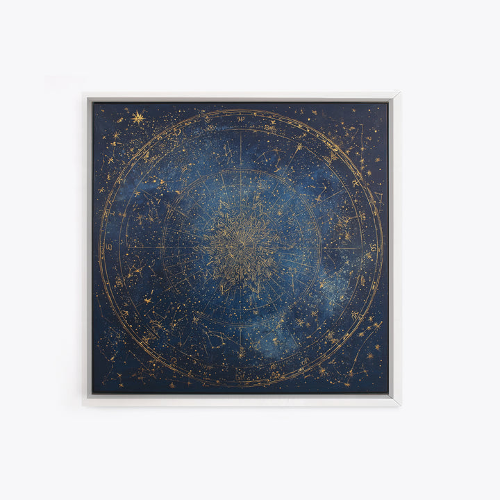 Gold Zodiac Wheel on Deep Midnight Blue Framed Canvas Print, Astrology Art, Neutral Decor, Living Room Decor, Fine Art, Zodiac, AST-1x1-1