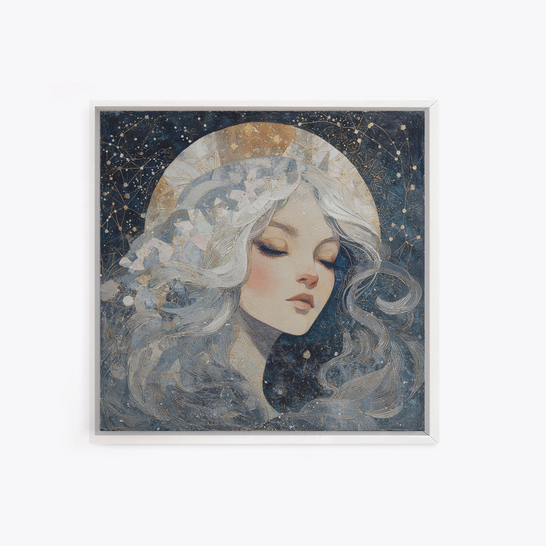 Moon Goddess with Flowing Hair and Constellations Canvas Print, Astrology Art, Celestial Wall Art, Living Room Decor, Zodiac, AST-1x1-27