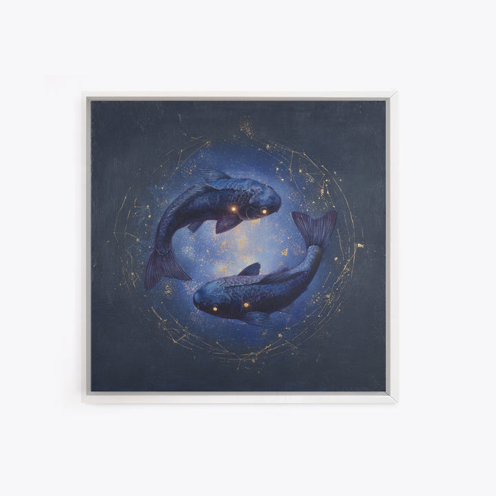 Cosmic Fish Pair Circling a Moonlit Pool Framed Canvas Print, Astrology Art, Dtf Print, Living Room Decor, Fine Art, Zodiac, AST-1x1-47