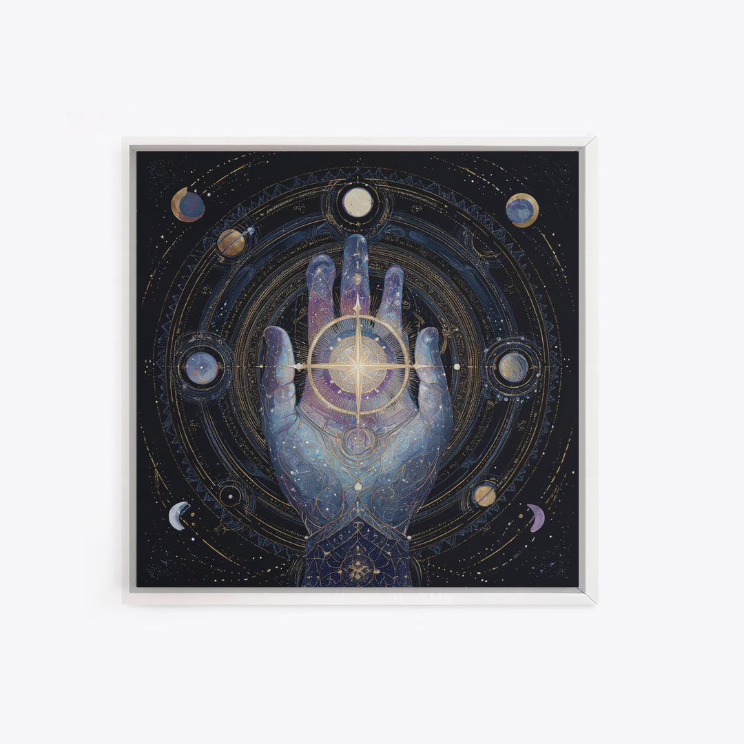 Tarot Cosmic Hand Holding a Glowing Star Framed Canvas Print, Astrology Art, Fine Art Print, Living Room Decor, Zodiac, AST-1x1-78
