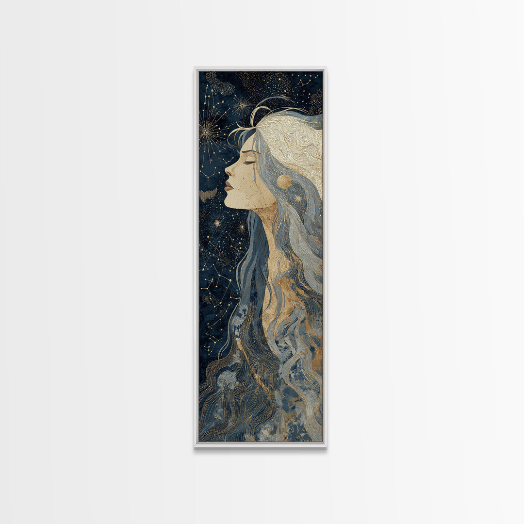 Moon Goddess with Flowing Hair and Constellations Framed Canvas Print, Astrology Art, Boho Decor, Living Room Decor, Zodiac, AST-1x3-15