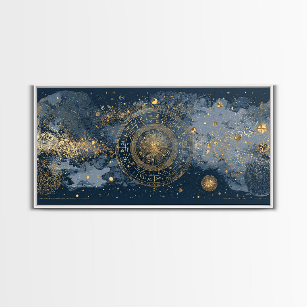 Gold Zodiac Wheel on Deep Midnight Blue Canvas Print, Astrology Art, Digital Wall Art, Living Room Decor, Oil Painting, Zodiac, AST-2x1-21