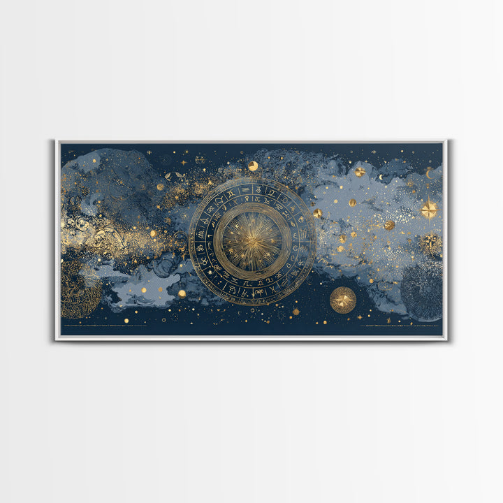 Gold Zodiac Wheel on Deep Midnight Blue Canvas Print, Astrology Art, Digital Wall Art, Living Room Decor, Oil Painting, Zodiac, AST-2x1-21