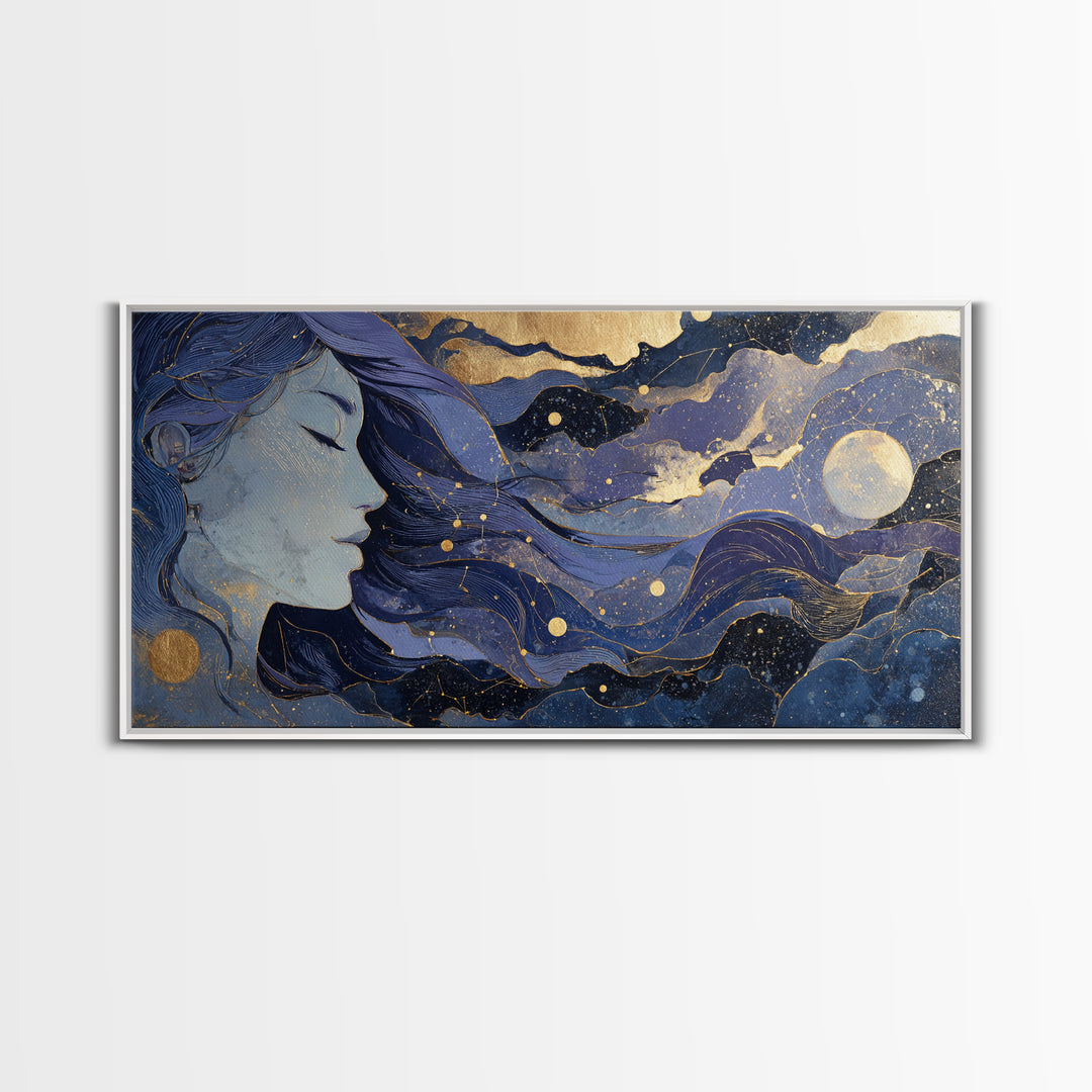 Moon Goddess with Flowing Hair and Constellations Framed Canvas Print, Astrology Art, Astrology, Living Room Decor, Zodiac, AST-2x1-23