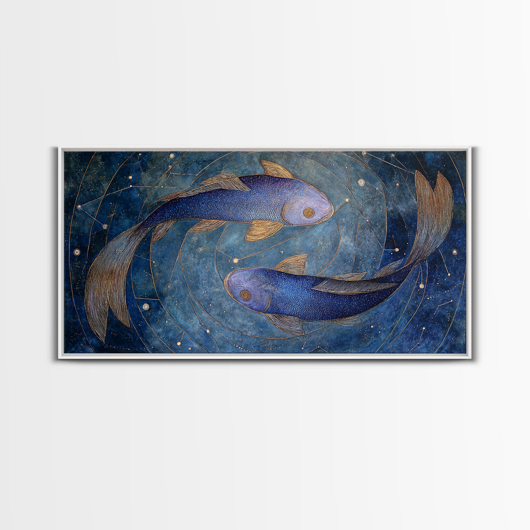 Cosmic Fish Pair Circling a Moonlit Pool Framed Canvas Print, Astrology Art, Art Nouveau, Living Room Decor, Fine Art, Zodiac, AST-2x1-43