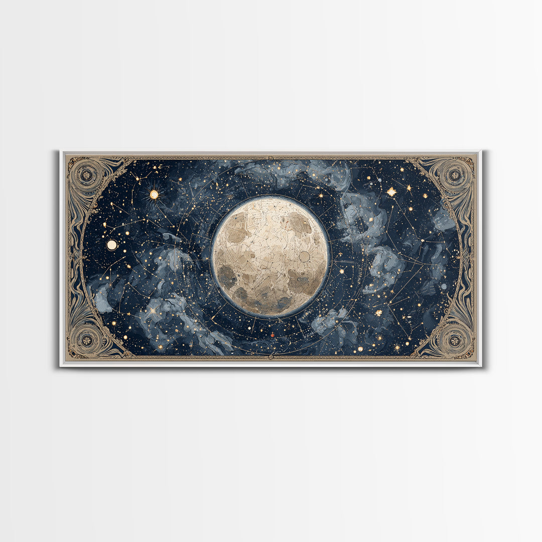 Retro Horoscope Chart Framed Canvas Print, Astrology Art, Boho Decor, Living Room Decor, Abstract Art, Zodiac, AST-2x1-65