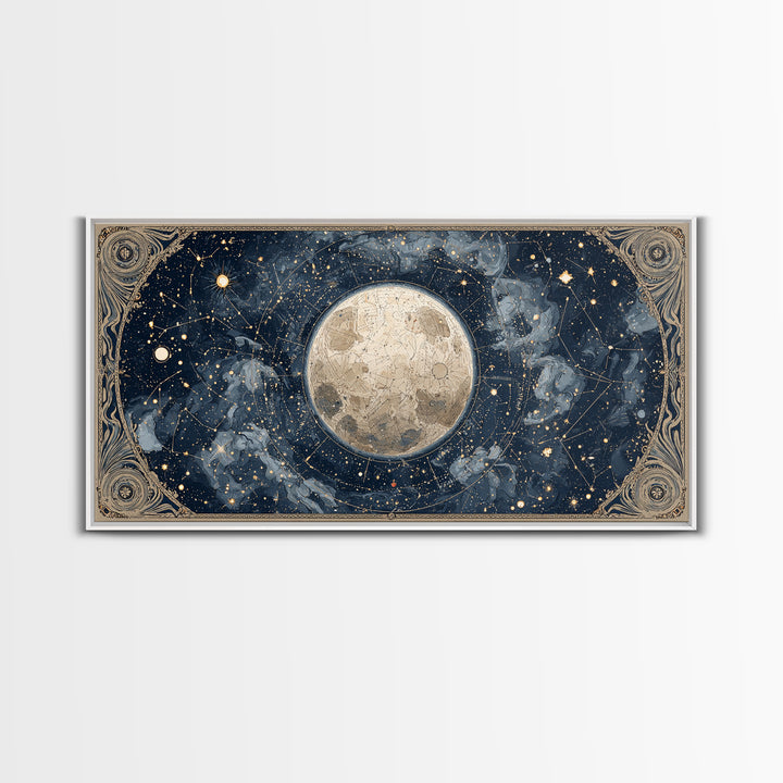 Retro Horoscope Chart Framed Canvas Print, Astrology Art, Boho Decor, Living Room Decor, Abstract Art, Zodiac, AST-2x1-65