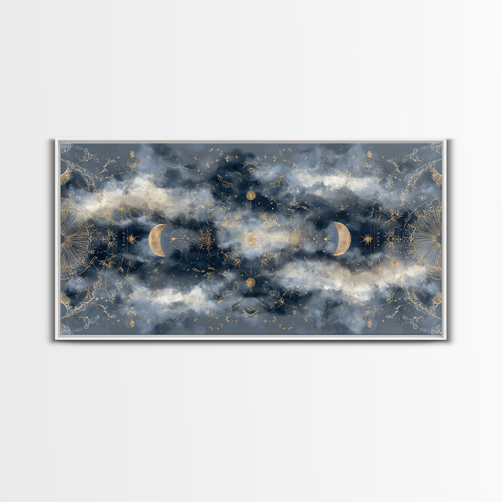 Celestial Twins Surrounded by Mirrored Moons Canvas Print, Astrology Art, Astrology Gifts, Living Room Decor, Oil Painting, AST-2x1-77