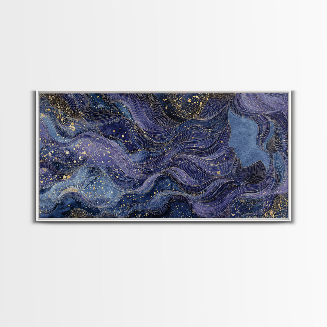 Moon Goddess with Flowing Hair and Constellations Framed Canvas Print, Astrology Art, Wall Decor, Living Room Decor, Zodiac, AST-2x1-95