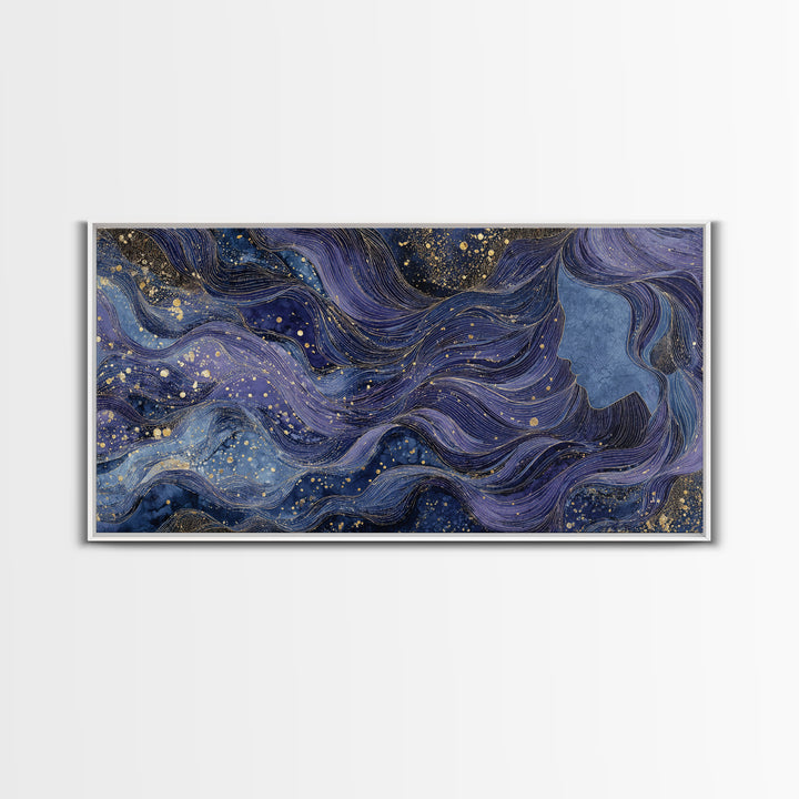 Moon Goddess with Flowing Hair and Constellations Framed Canvas Print, Astrology Art, Wall Decor, Living Room Decor, Zodiac, AST-2x1-95