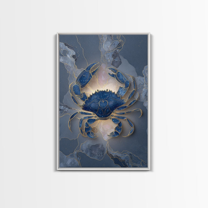 Celestial Crab under Glowing Ocean Moonlight Framed Canvas Print, Astrology Art, Neutral Decor, Living Room Decor, Zodiac, AST-2x3-24