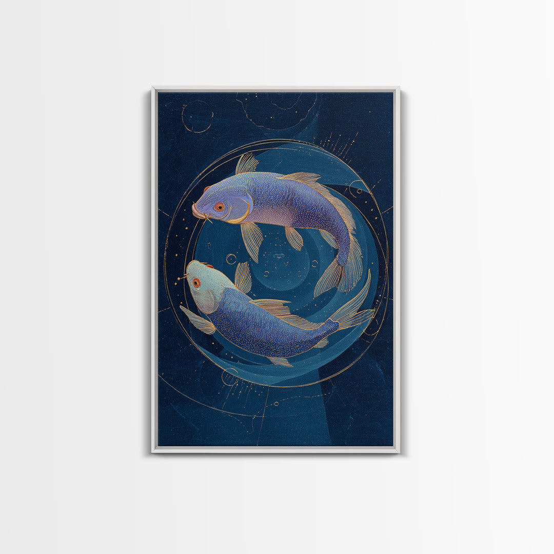 Cosmic Fish Pair Circling a Moonlit Pool Canvas Print, Astrology Art, Poster, Living Room Decor, Zodiac, Astrology Gifts, AST-2x3-31