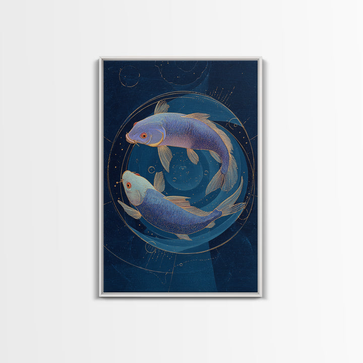 Cosmic Fish Pair Circling a Moonlit Pool Canvas Print, Astrology Art, Poster, Living Room Decor, Zodiac, Astrology Gifts, AST-2x3-31