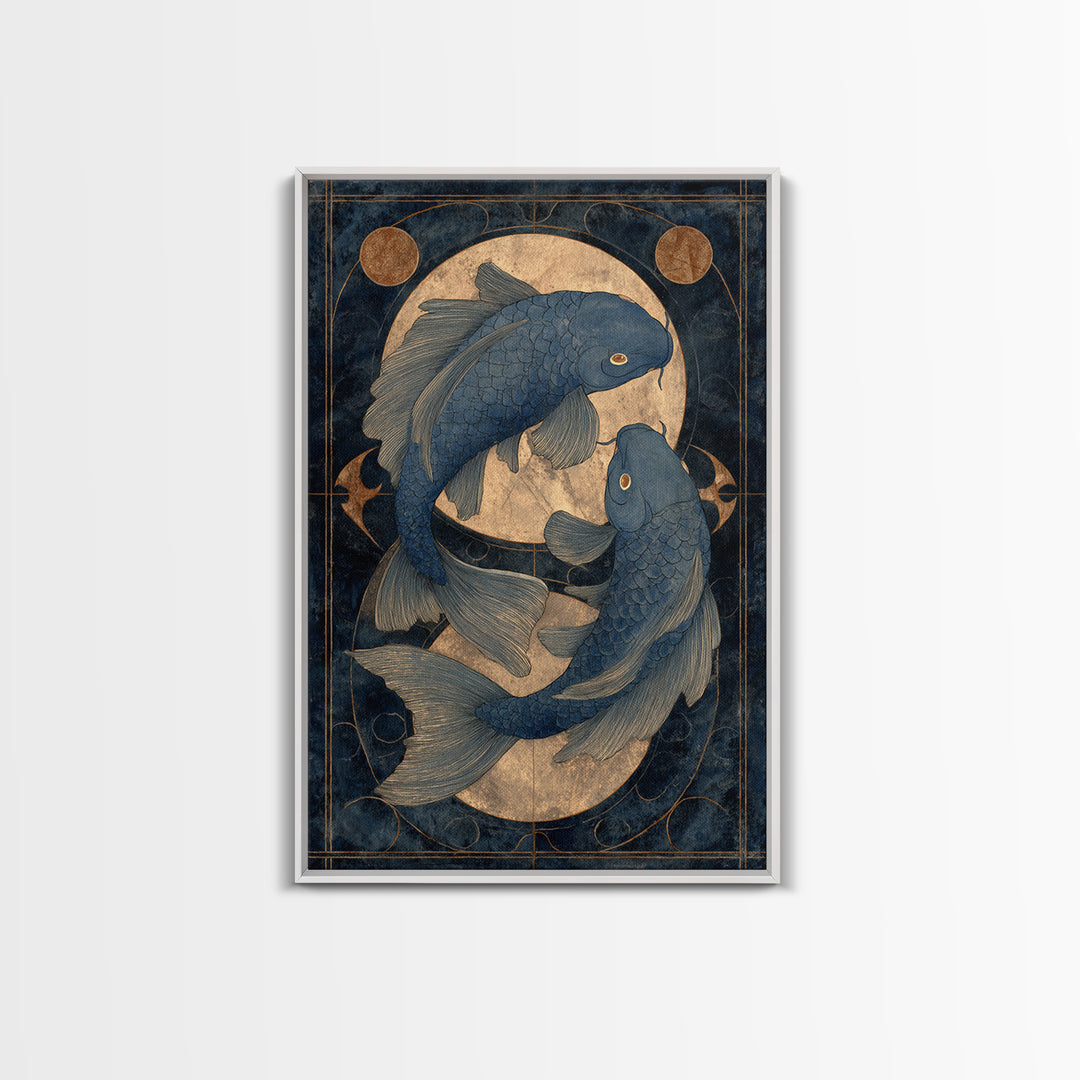 Cosmic Fish Pair Circling a Moonlit Pool Framed Canvas Print, Astrology Art, Art Nouveau, Living Room Decor, Fine Art, Zodiac, AST-2x3-55