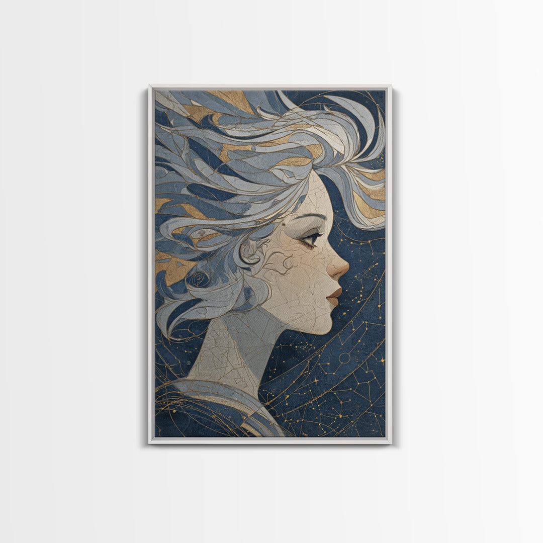 Moon Goddess with Flowing Hair and Constellations Canvas Print, Astrology Art, Astrology Gifts, Living Room Decor, Zodiac, AST-2x3-59
